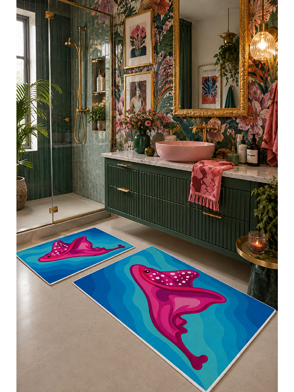 Fuşya Mavi Desenli Kaymaz Taban Banyo Paspası 2’li Set-3