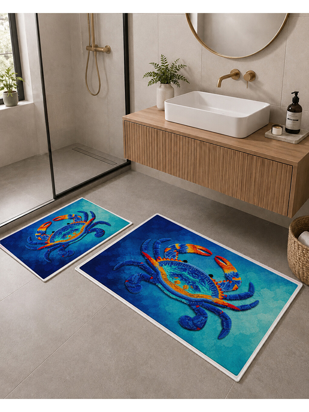Mavi Yengeç Desenli Kaymaz Taban Banyo Paspası 2’li Set-2