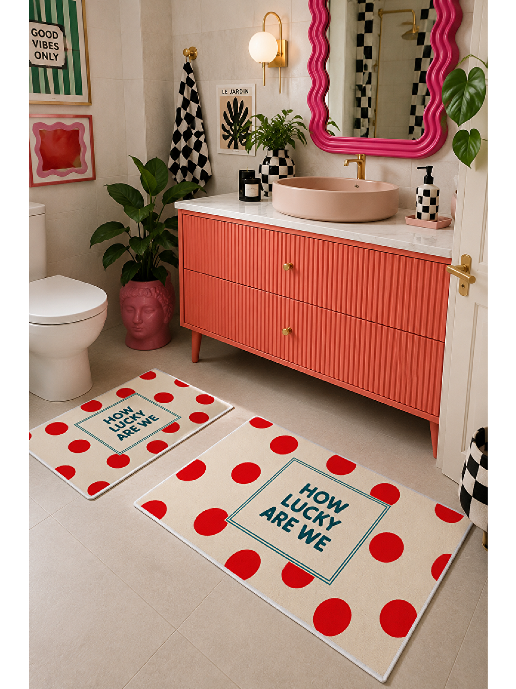 Beyaz Kırmızı Lucky You Are Here Yazılı Banyo Paspası 2’li Set-2