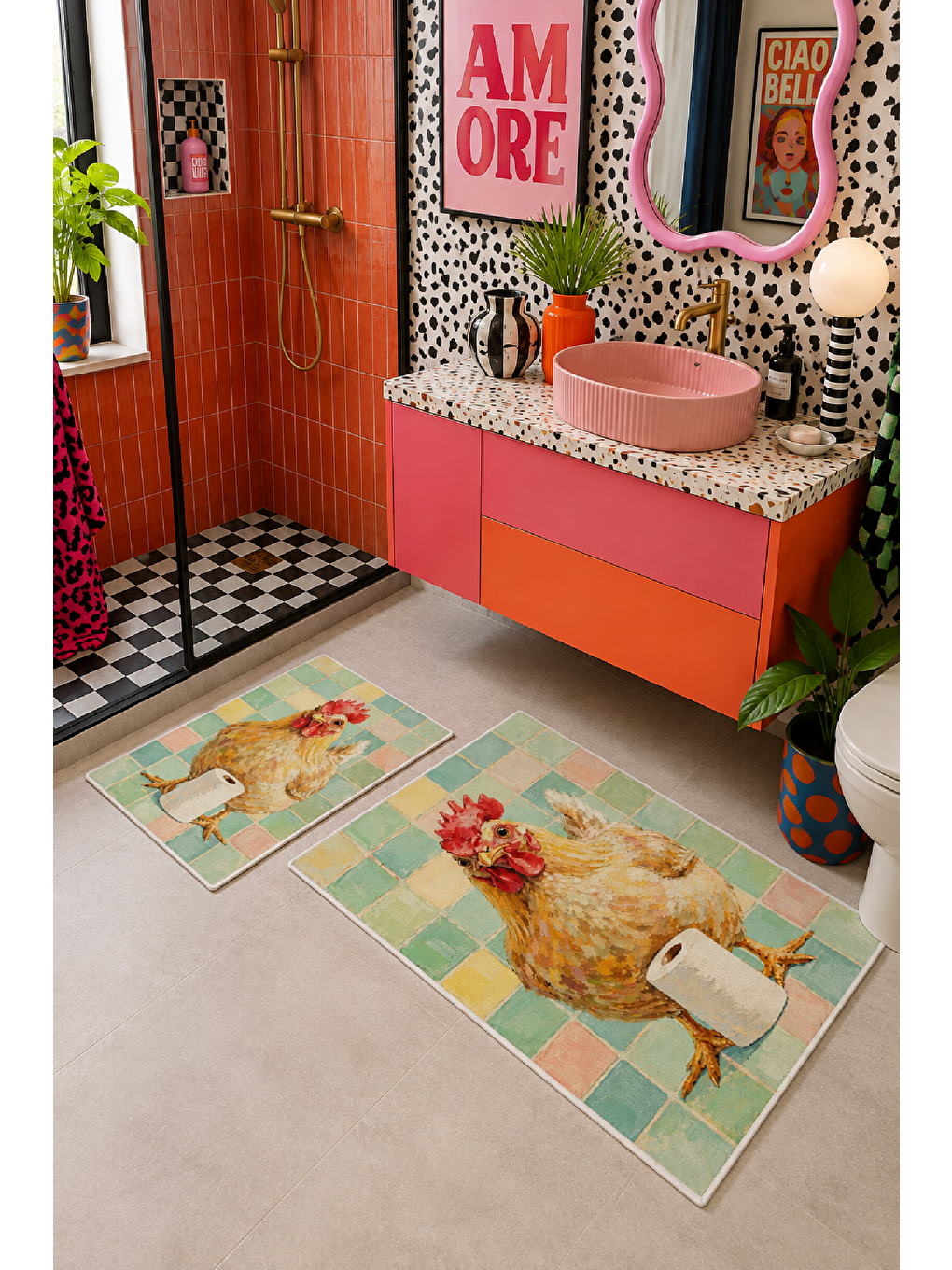 Bej Horoz Desenli Kaymaz Taban Banyo Paspası 2’li Set-4