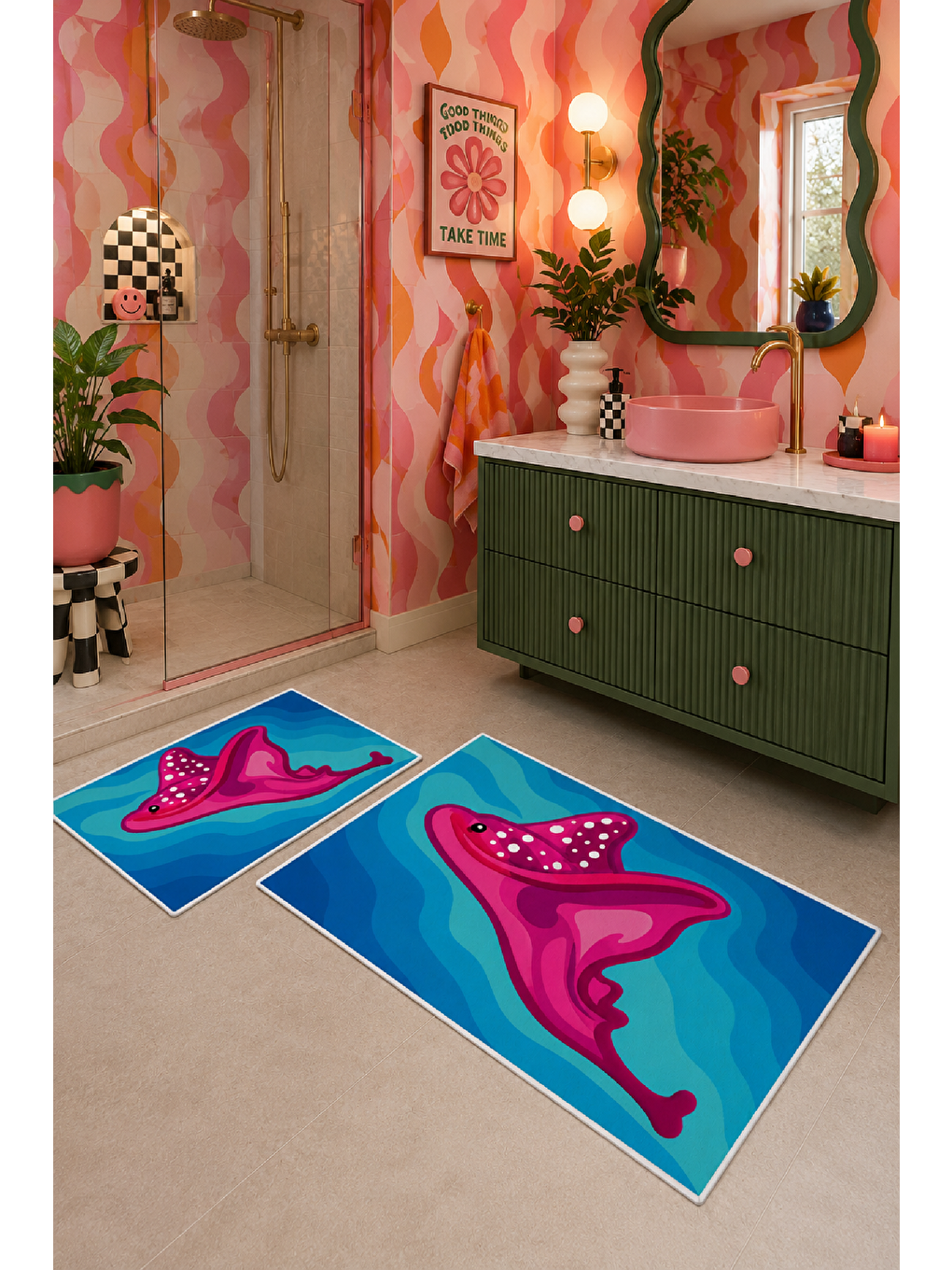 Fuşya Mavi Desenli Kaymaz Taban Banyo Paspası 2’li Set-4
