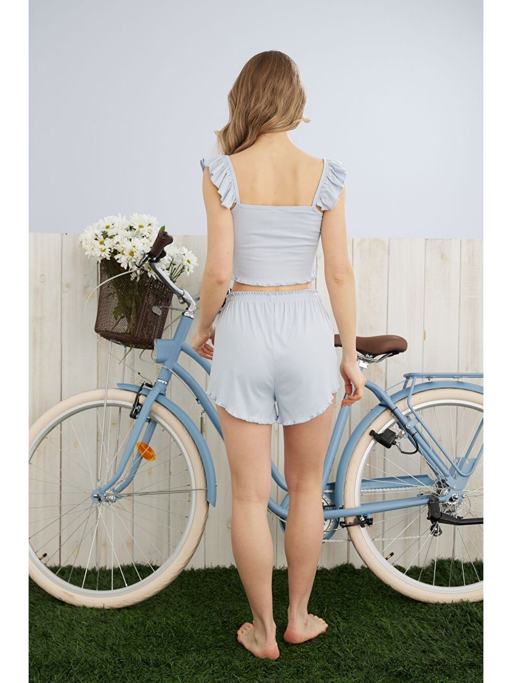 Mavi Kadın Fırfır Detaylı Yüksek Kaliteli Fitilli Crop Şortlu Takım-3