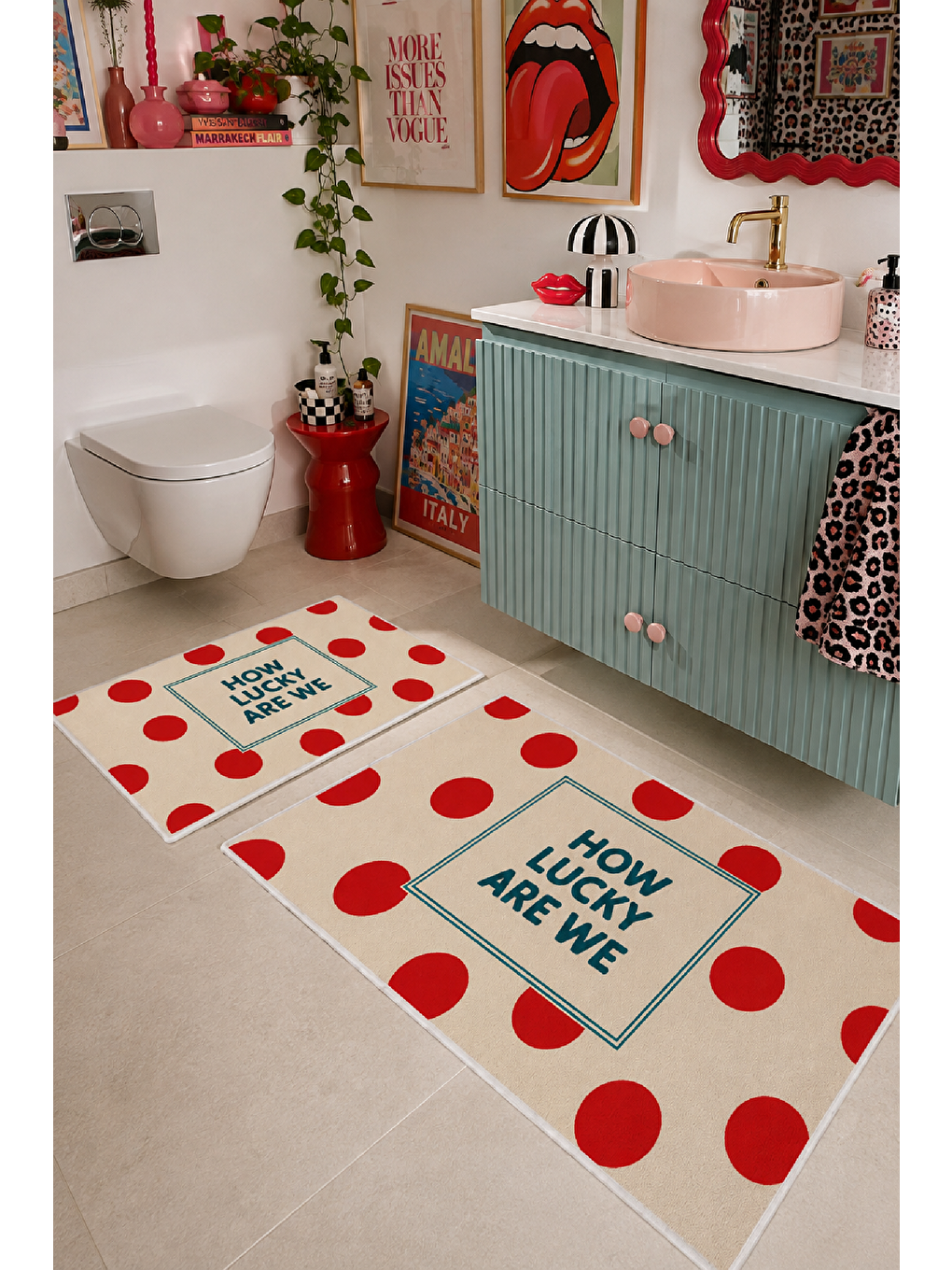 Beyaz Kırmızı Lucky You Are Here Yazılı Banyo Paspası 2’li Set-3