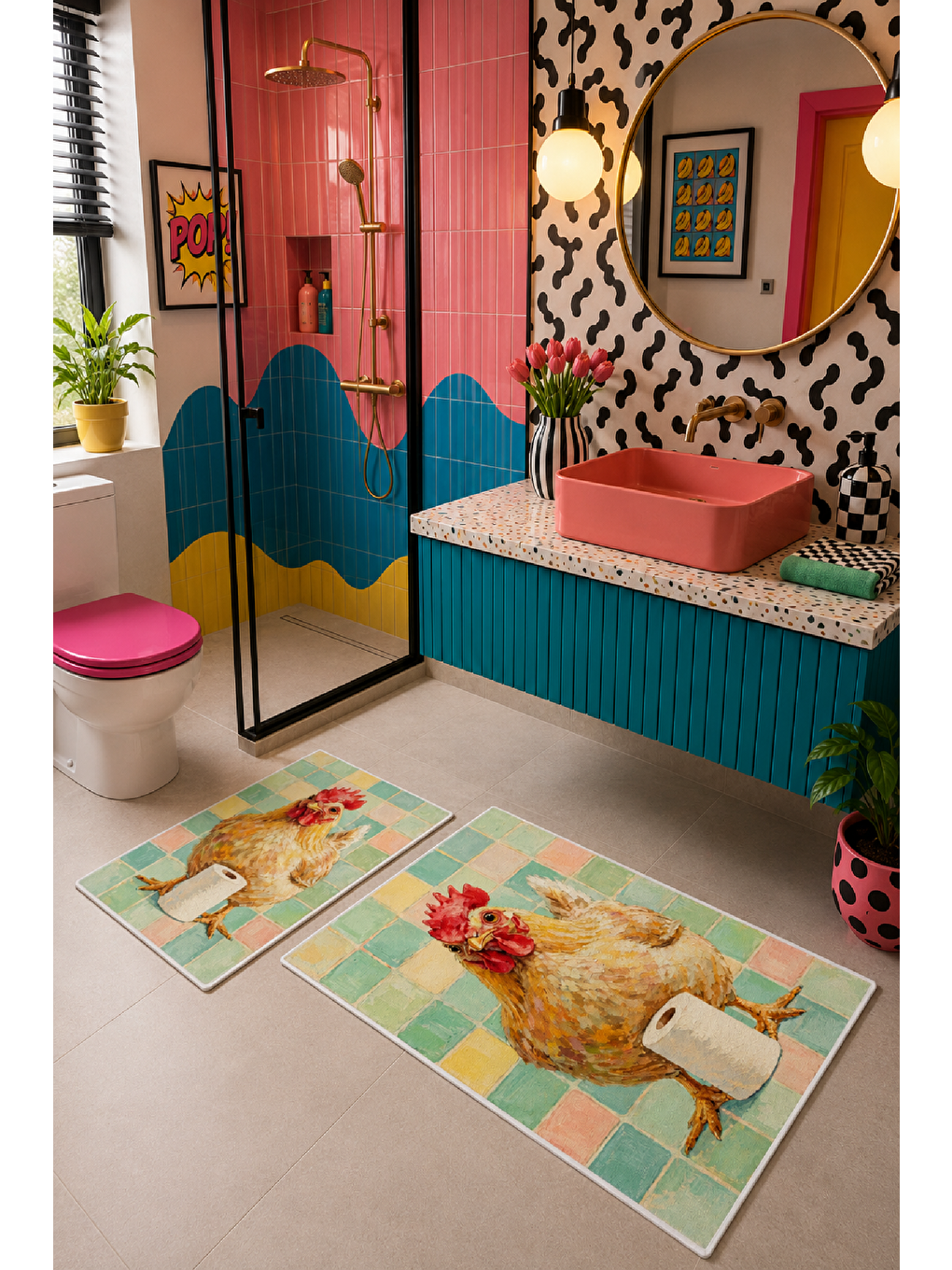 Bej Horoz Desenli Kaymaz Taban Banyo Paspası 2’li Set-5