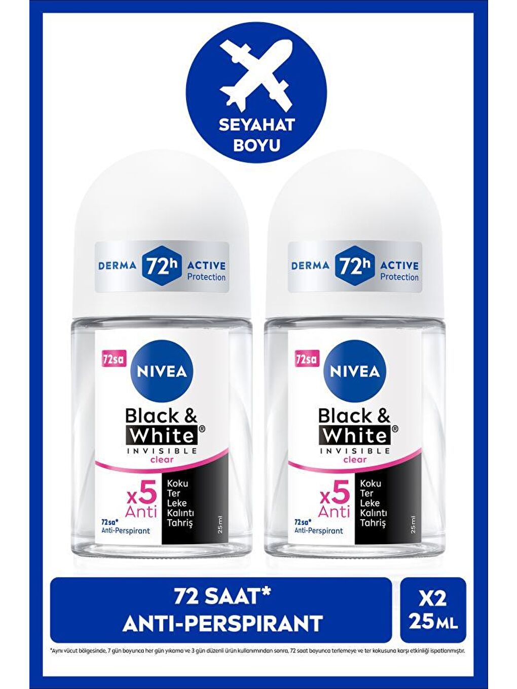 Kadın Roll-on Deodorant Black&White Invisible Clear 25ml, 72 Saat Anti-perspirant Ter Koruması