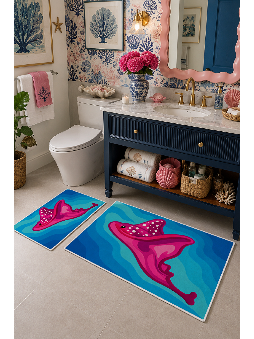 Fuşya Mavi Desenli Kaymaz Taban Banyo Paspası 2’li Set-5