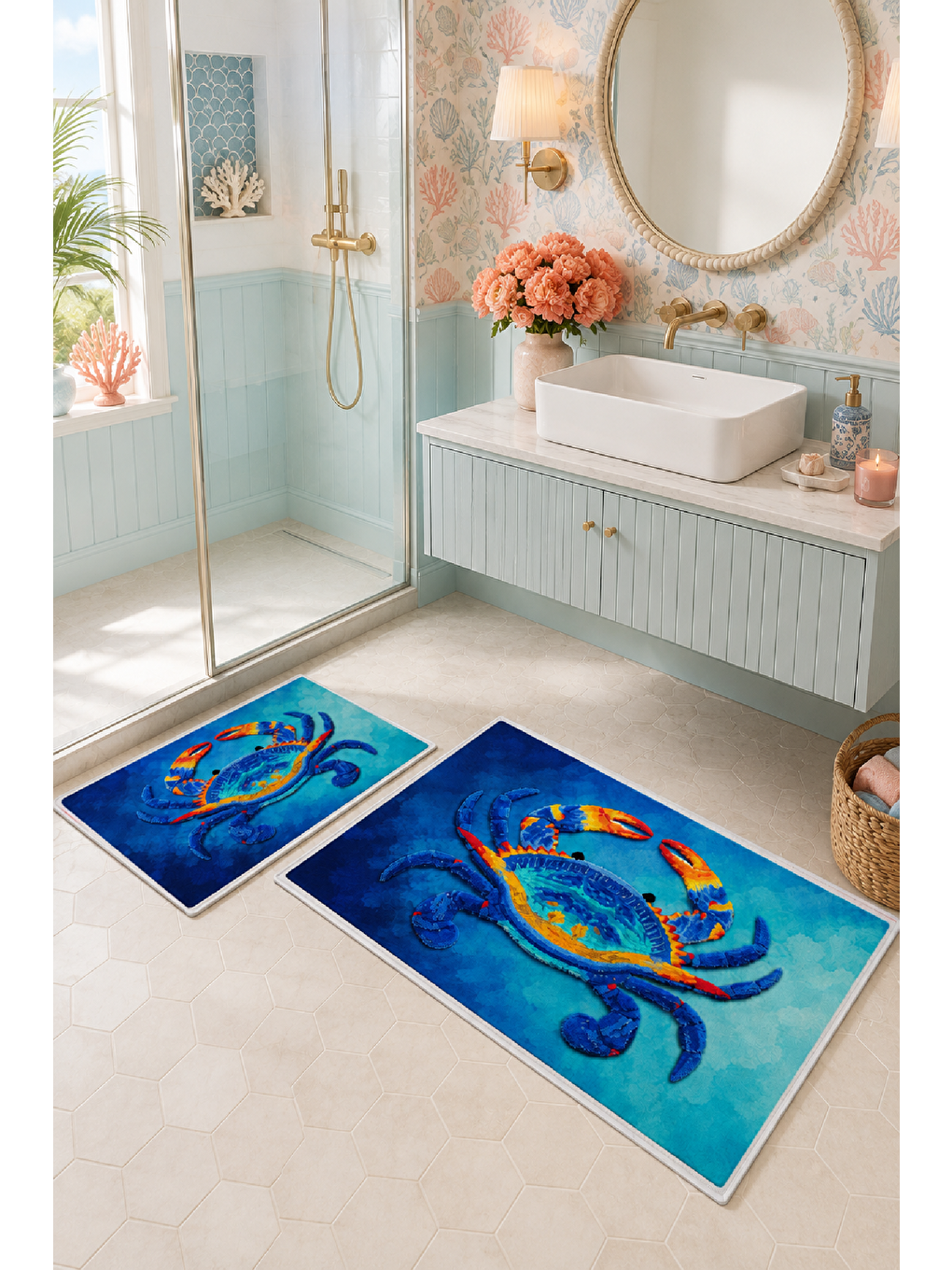 Mavi Yengeç Desenli Kaymaz Taban Banyo Paspası 2’li Set-4