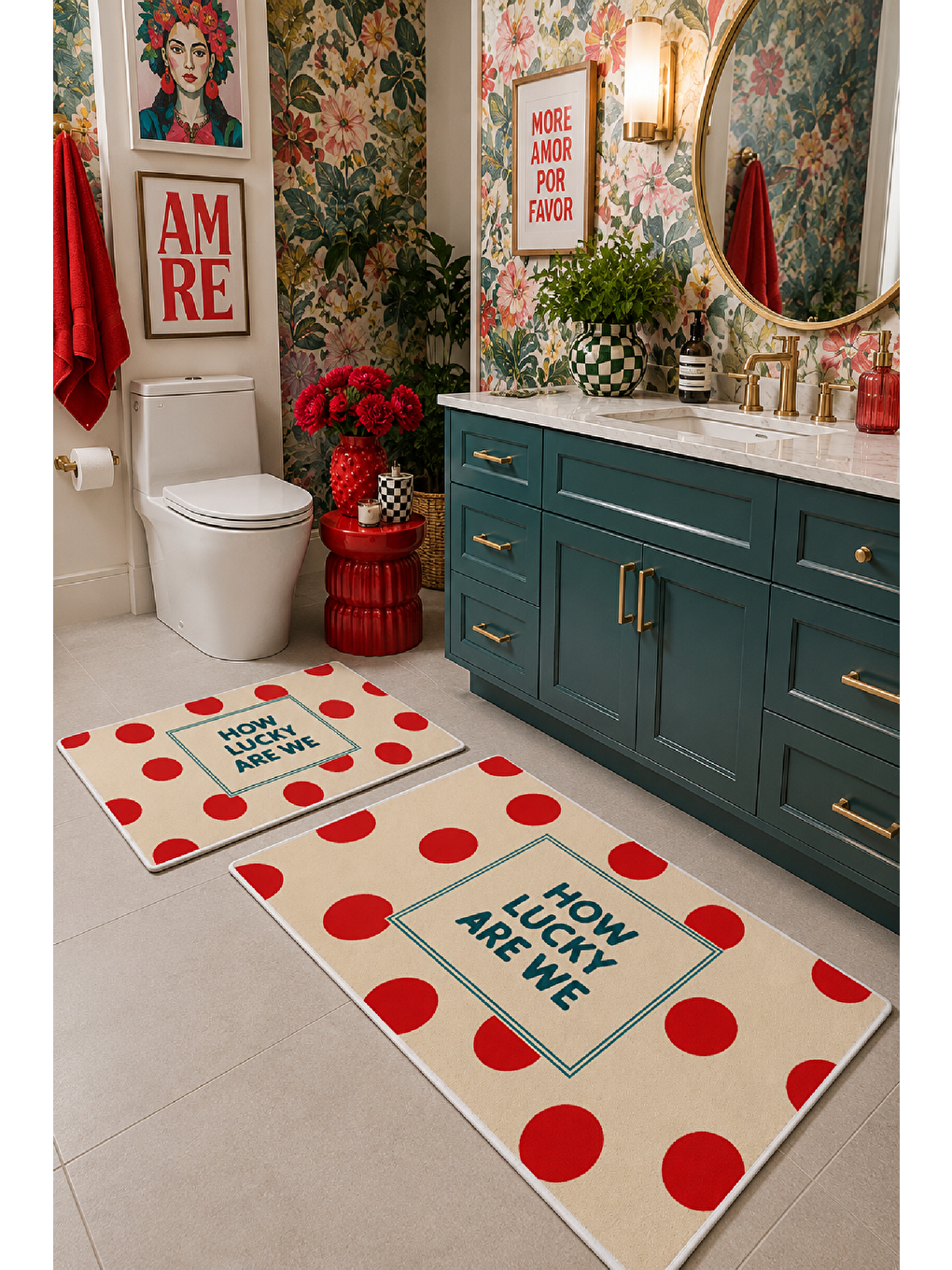Beyaz Kırmızı Lucky You Are Here Yazılı Banyo Paspası 2’li Set-4