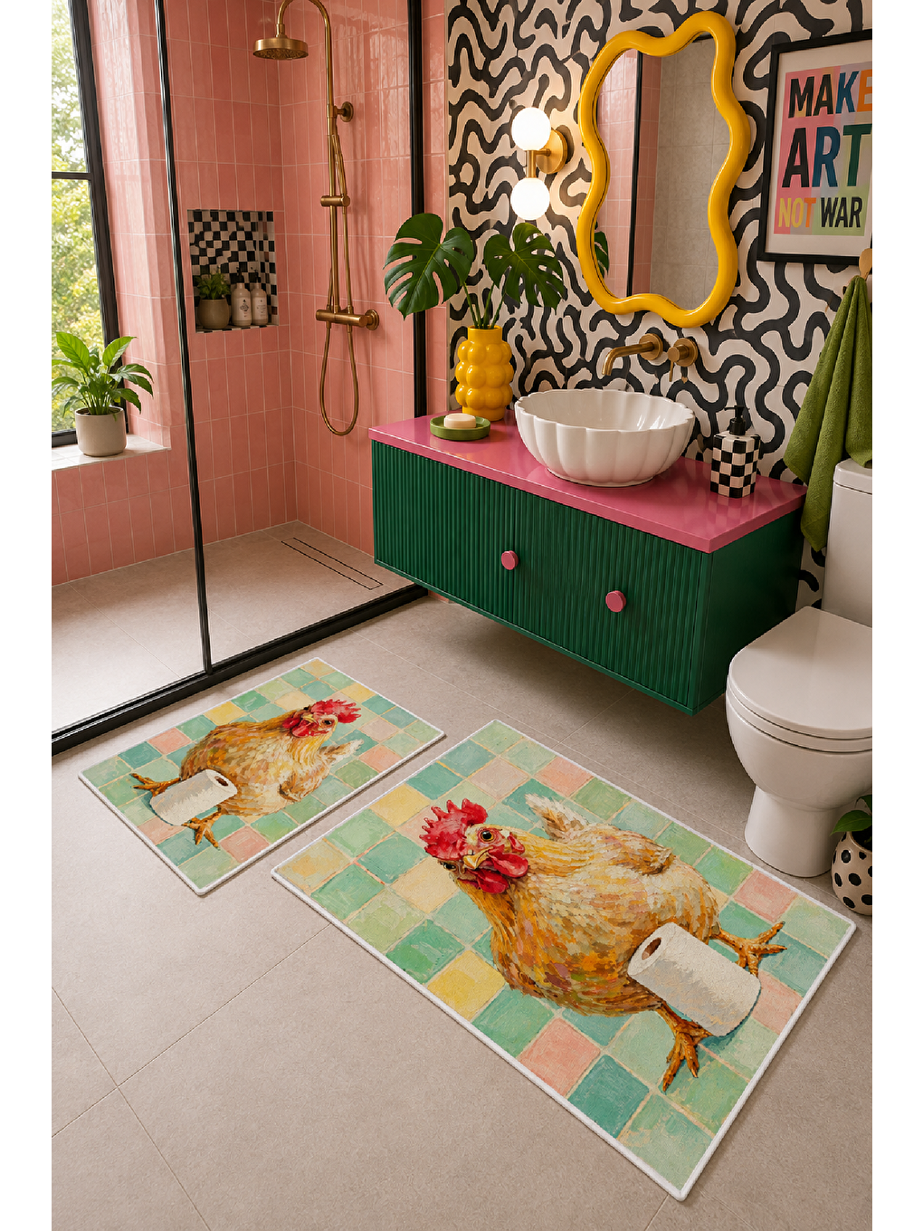 Bej Horoz Desenli Kaymaz Taban Banyo Paspası 2’li Set-6
