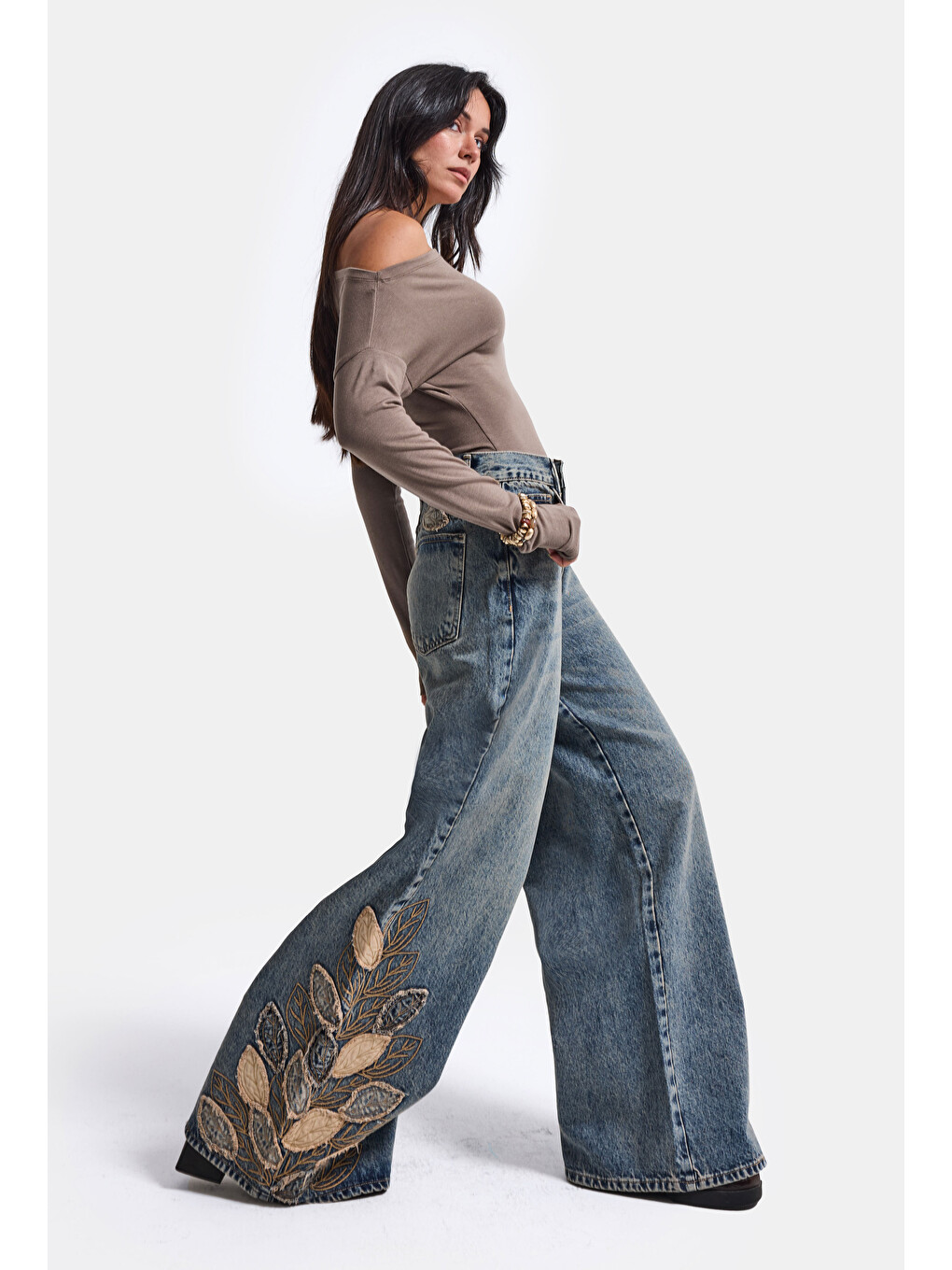 Mavi Kadın Koyu Jean 4w6-8 Palazzo Fit Özel Nakış Desenli Tasarım Denim Jean-2