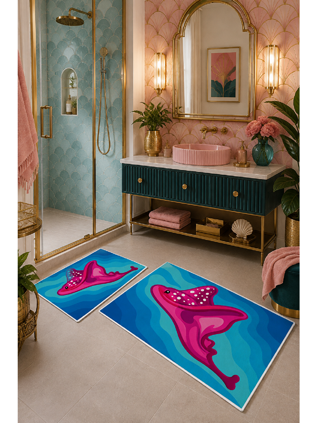 Fuşya Mavi Desenli Kaymaz Taban Banyo Paspası 2’li Set-6
