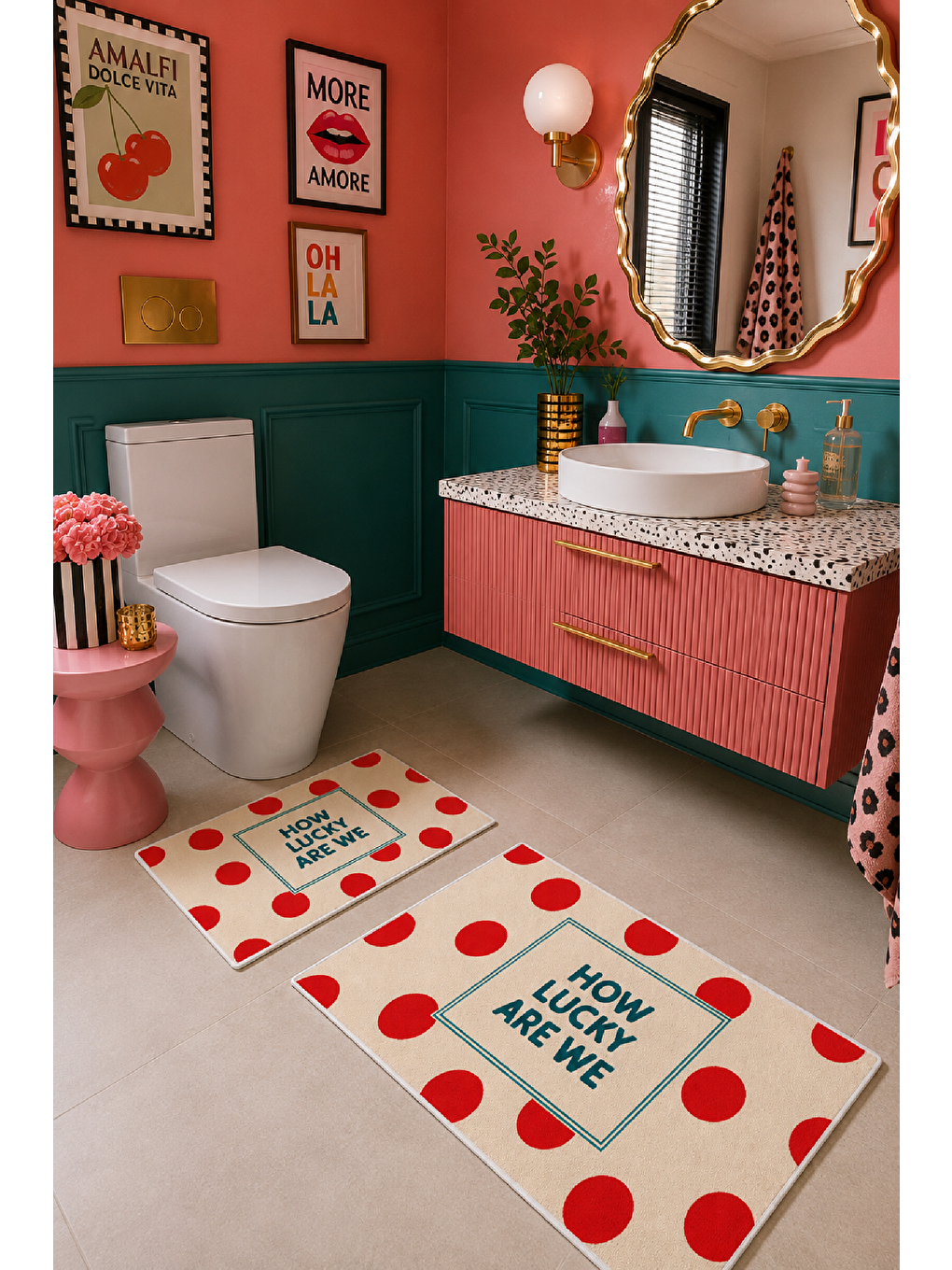 Beyaz Kırmızı Lucky You Are Here Yazılı Banyo Paspası 2’li Set-5