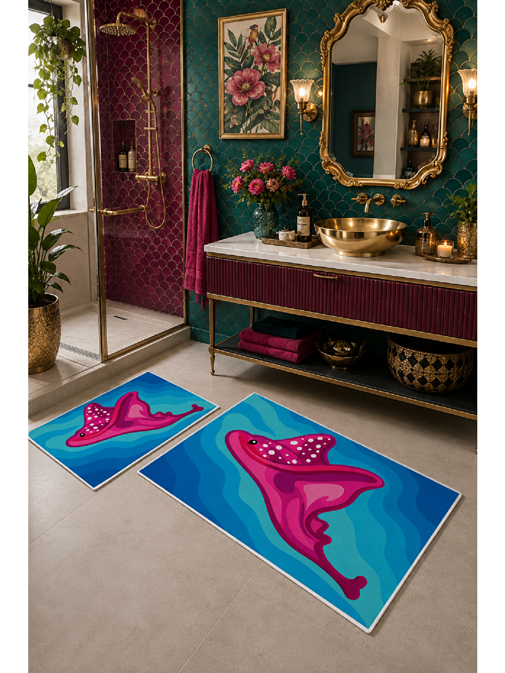 Fuşya Mavi Desenli Kaymaz Taban Banyo Paspası 2’li Set-7