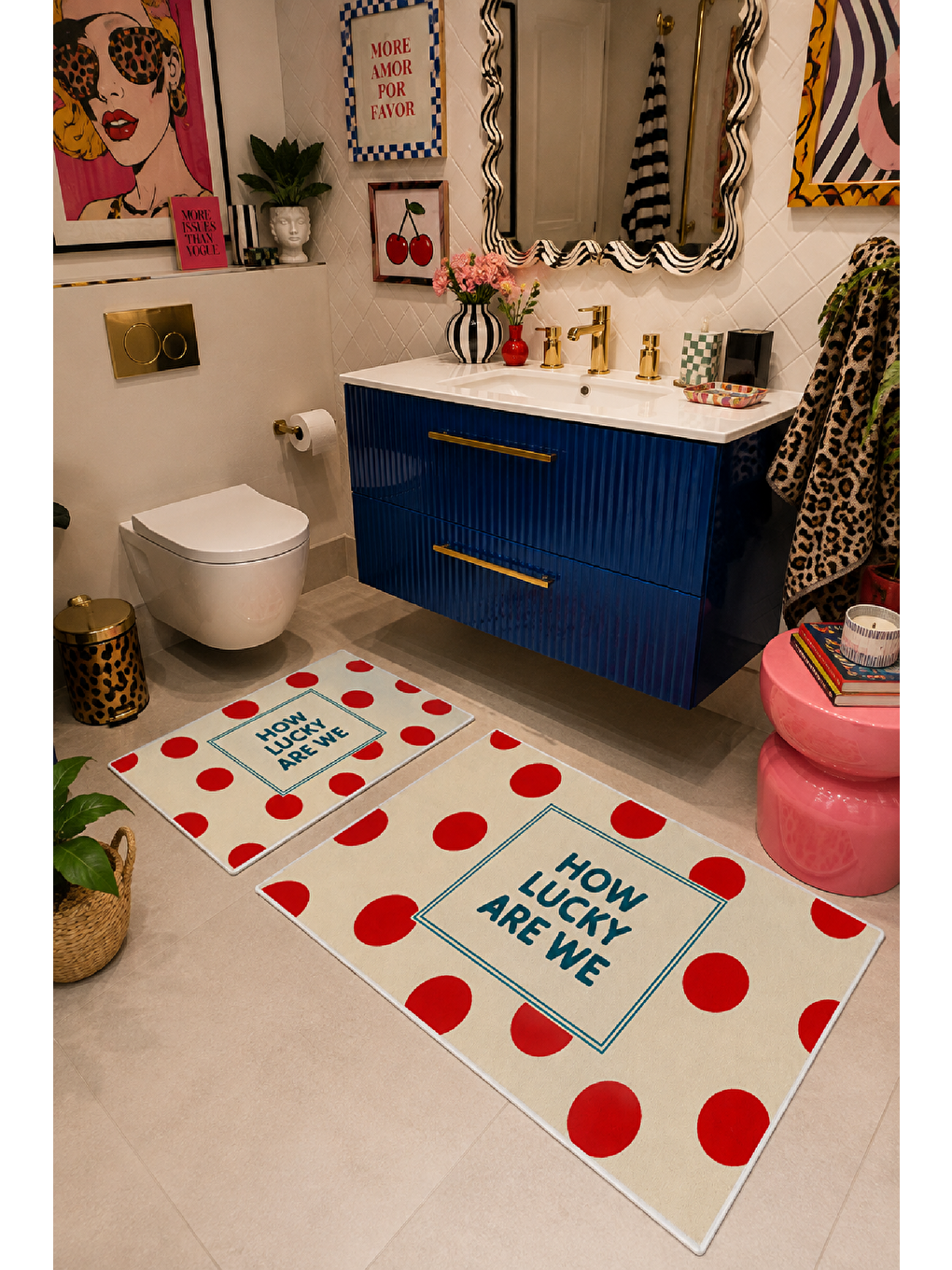 Beyaz Kırmızı Lucky You Are Here Yazılı Banyo Paspası 2’li Set-6