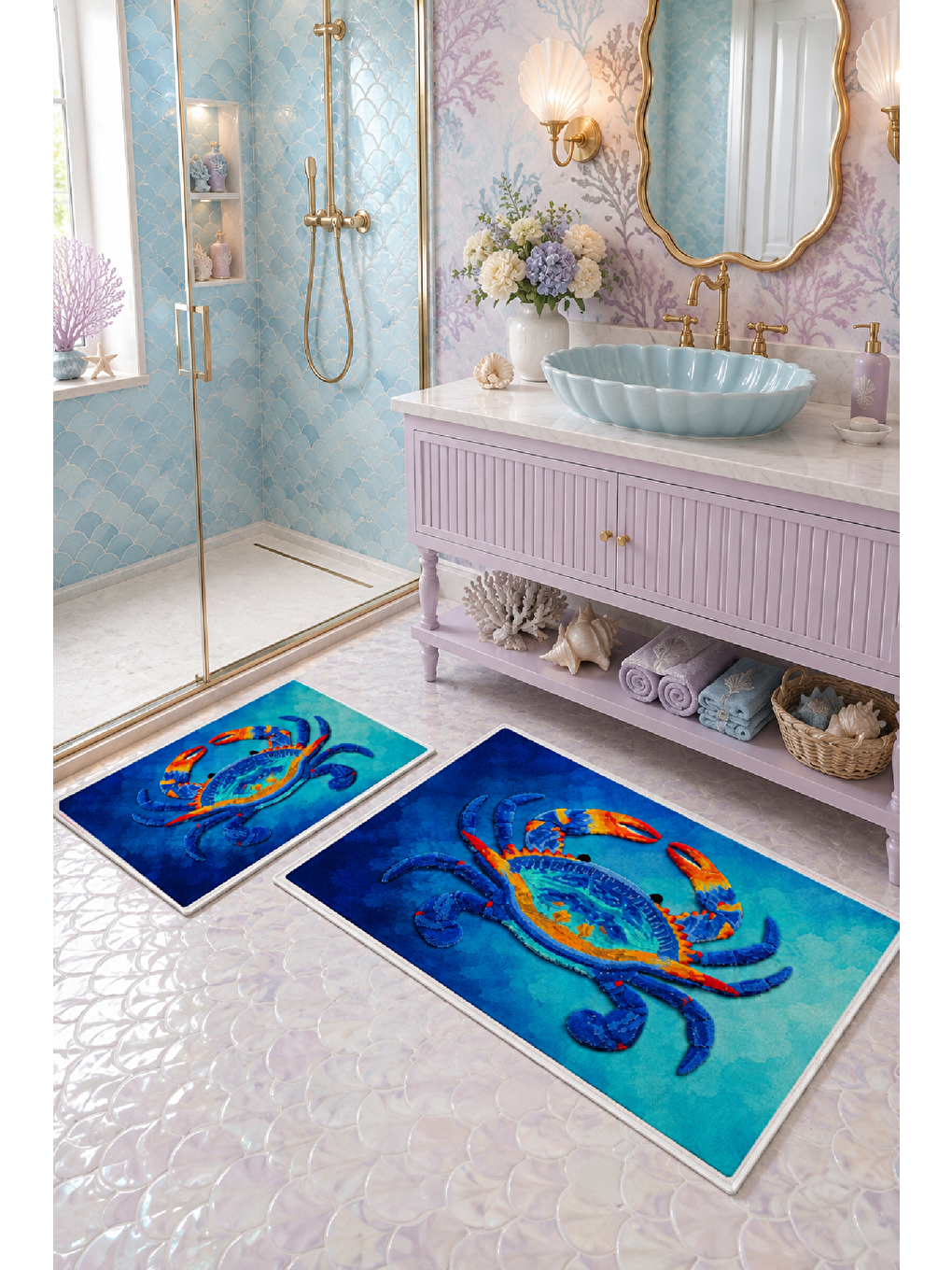 Mavi Yengeç Desenli Kaymaz Taban Banyo Paspası 2’li Set-7
