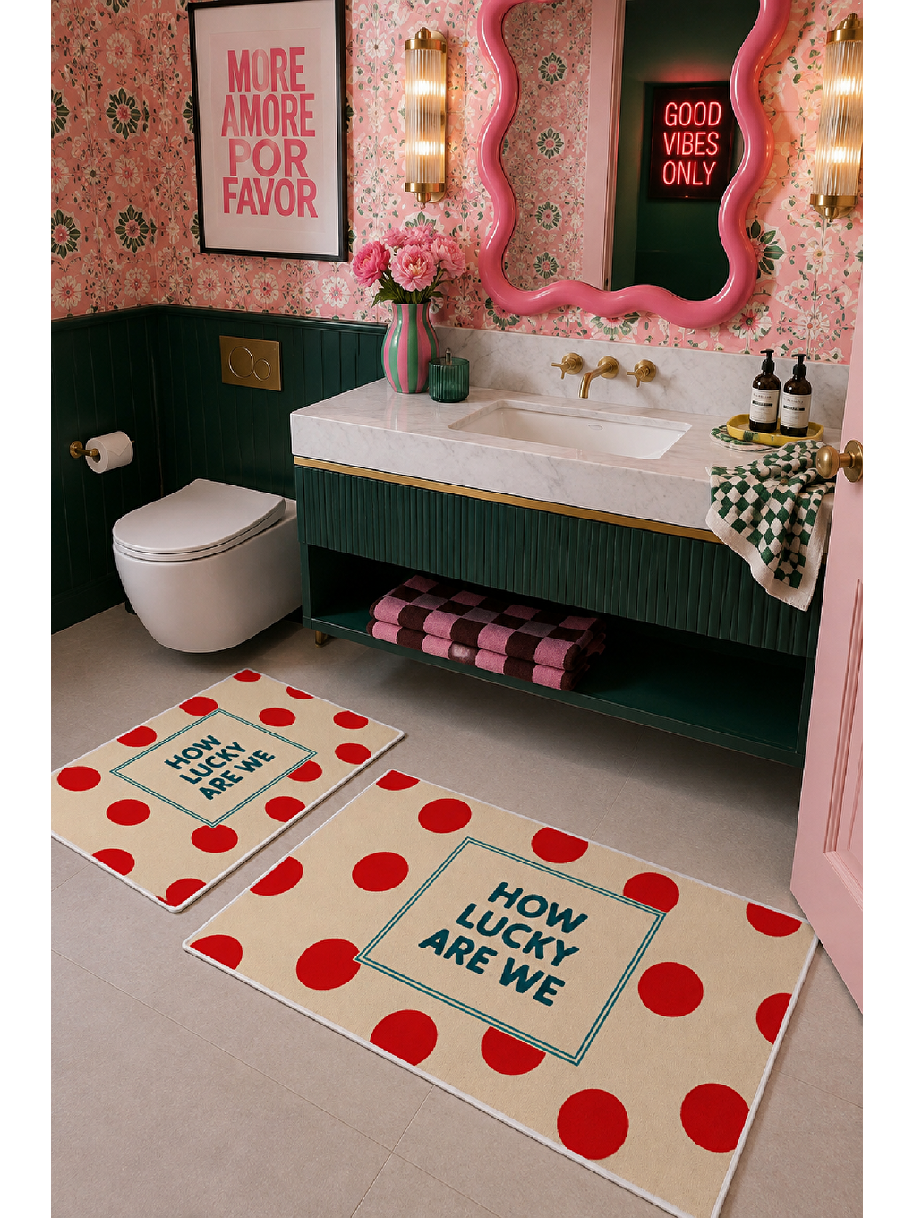 Beyaz Kırmızı Lucky You Are Here Yazılı Banyo Paspası 2’li Set-7