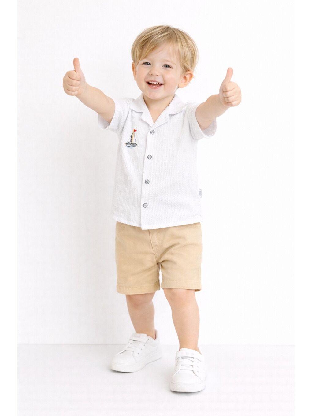 Beyaz Gömlek Yelken Desenli Belden Ayarlanabilir Kısa Kollu Şortlu 3'lü Takım-1