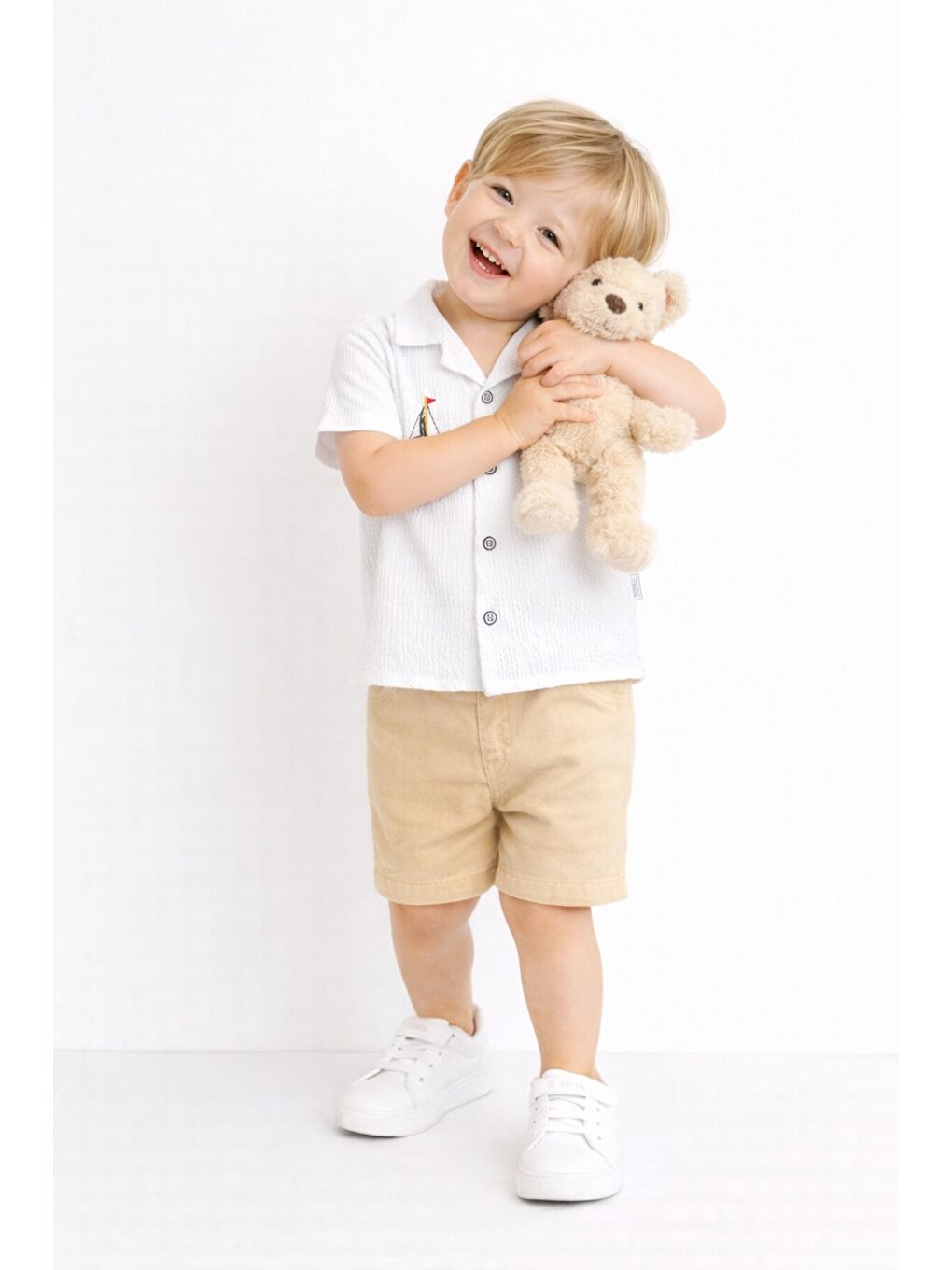 Beyaz Gömlek Yelken Desenli Belden Ayarlanabilir Kısa Kollu Şortlu 3'lü Takım-2