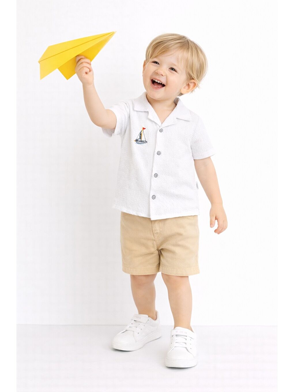 Beyaz Gömlek Yelken Desenli Belden Ayarlanabilir Kısa Kollu Şortlu 3'lü Takım-3