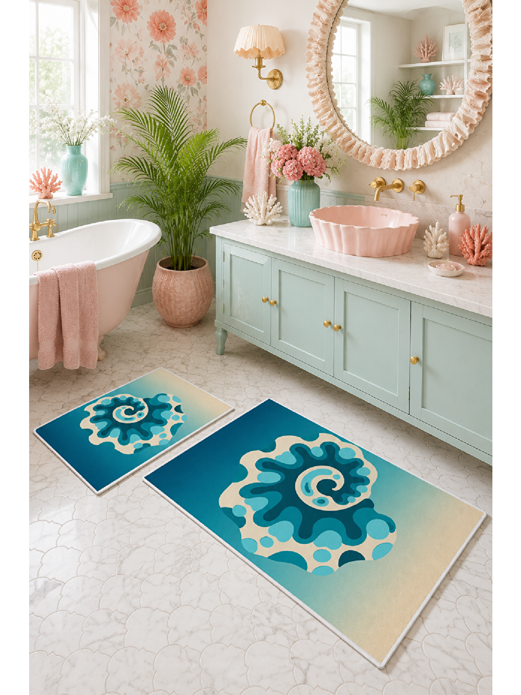 Bej Turkuaz Soyut Çiçek Desenli Kaymaz Taban Banyo Paspası 2’li Set