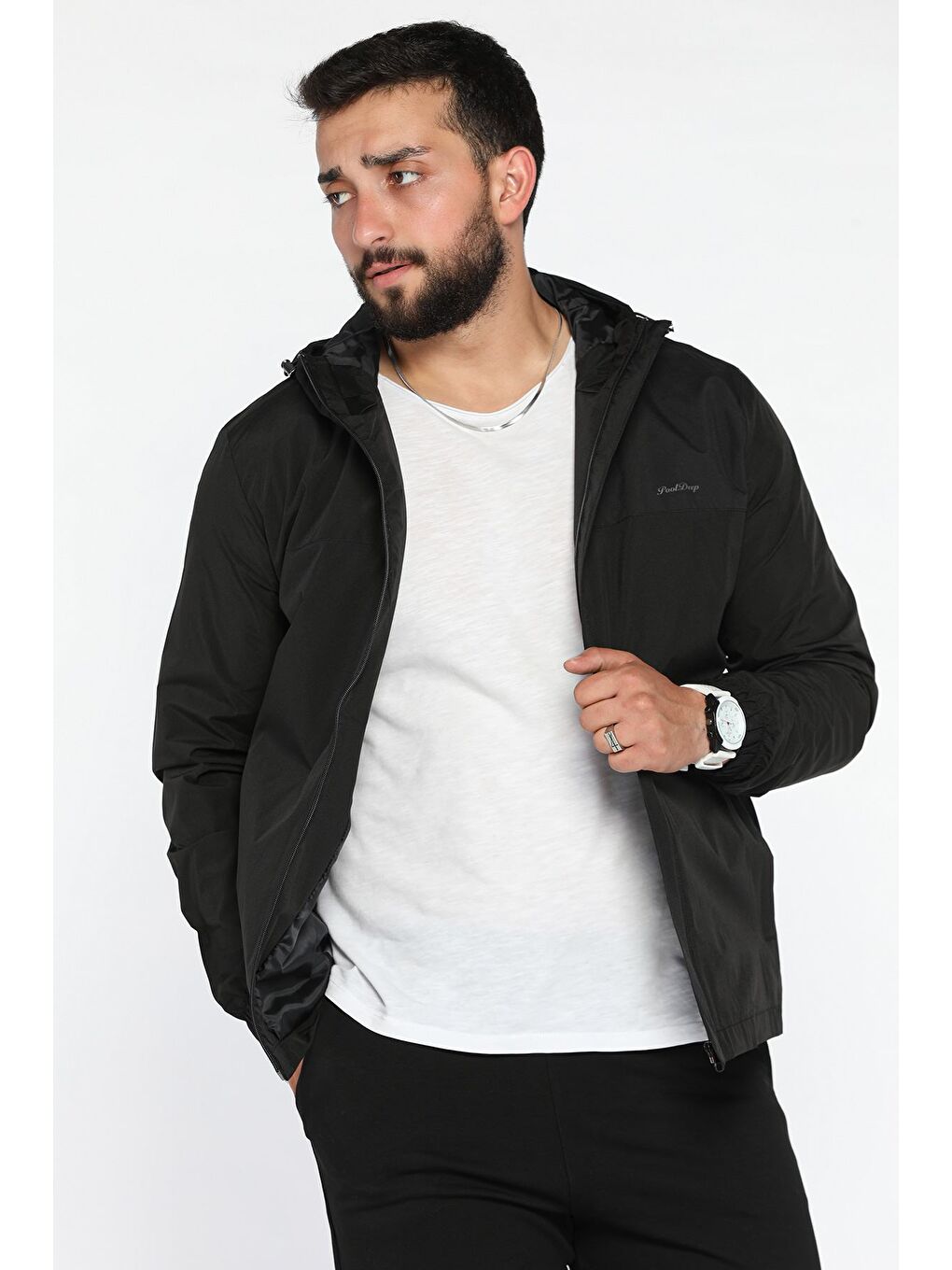 Siyah Kapüşonlu Astarlı Erkek Mevsimlik Mont-1