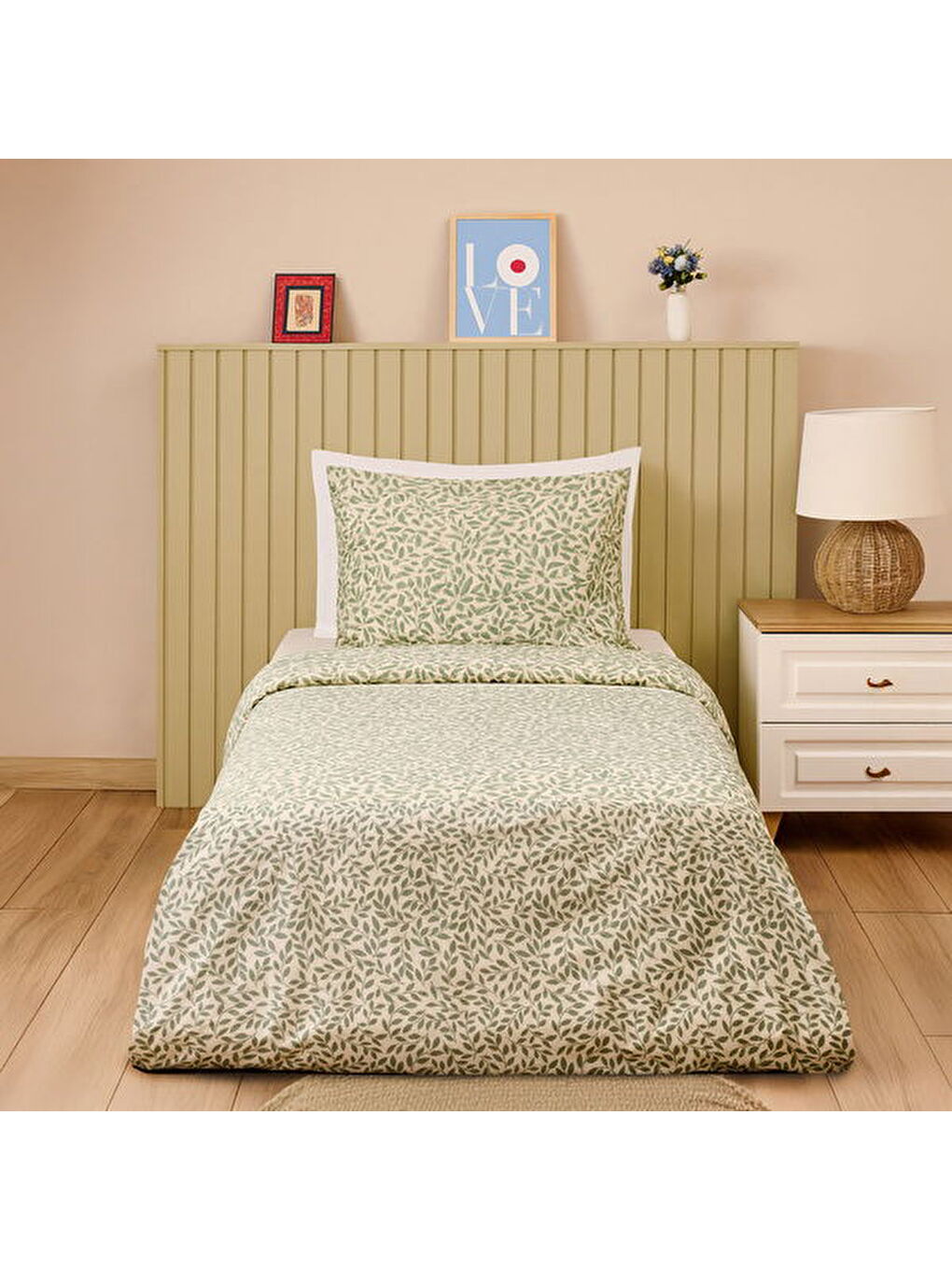 Siyah Soft Sylvara Tek Kişilik Nevresim Takımı - Ekru / Yeşil
