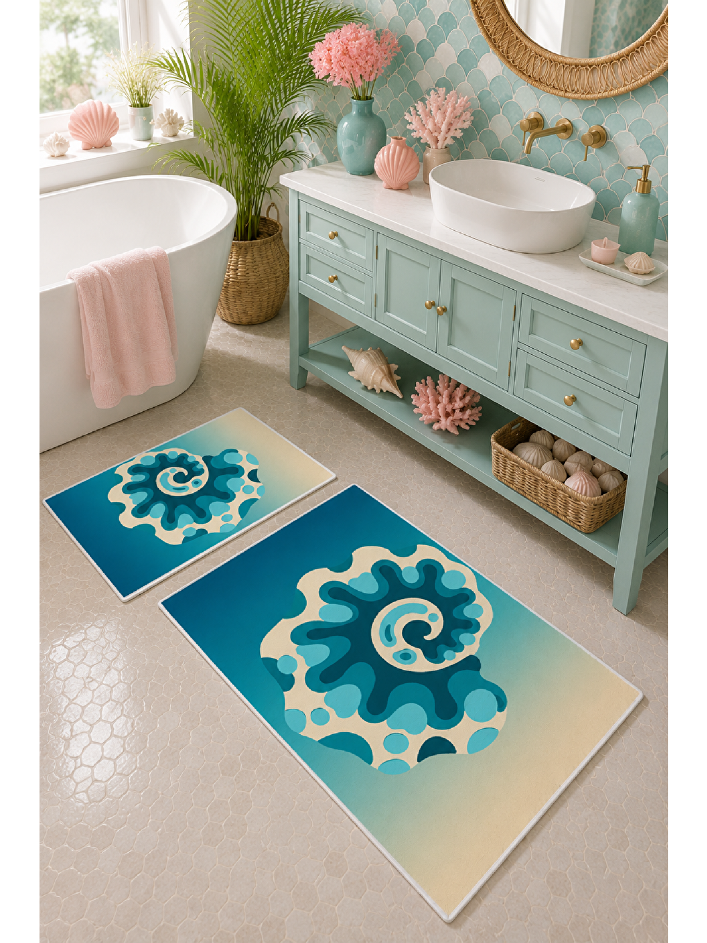 Bej Turkuaz Soyut Çiçek Desenli Kaymaz Taban Banyo Paspası 2’li Set-3