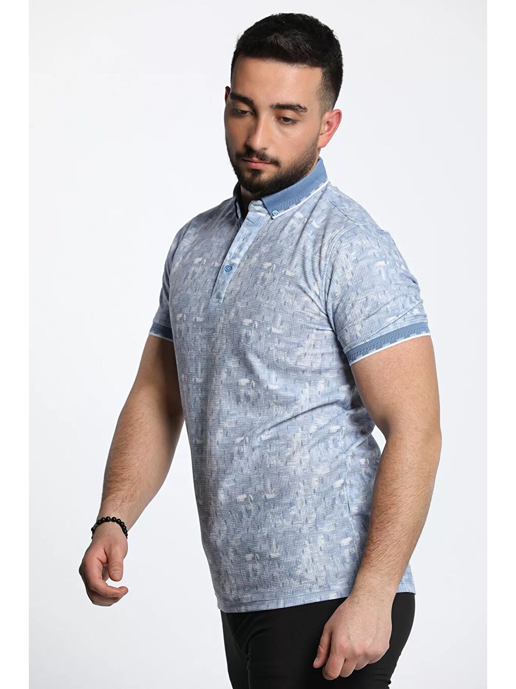 Mavi Polo Yaka Yarım Düğme Detaylı Desenli Erkek Tişört-2