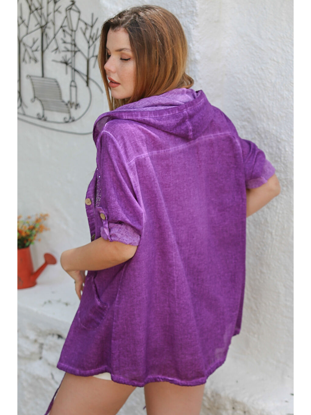 Mor Kapüşonlu Düğmeli 3 4 Kol Yıldız Cepli Taşlı Dokuma Casual Ceket-7