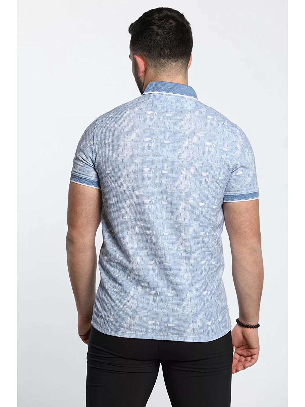 Mavi Polo Yaka Yarım Düğme Detaylı Desenli Erkek Tişört-4