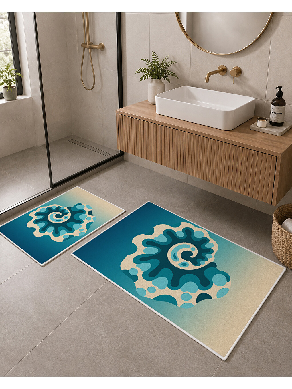 Bej Turkuaz Soyut Çiçek Desenli Kaymaz Taban Banyo Paspası 2’li Set-4