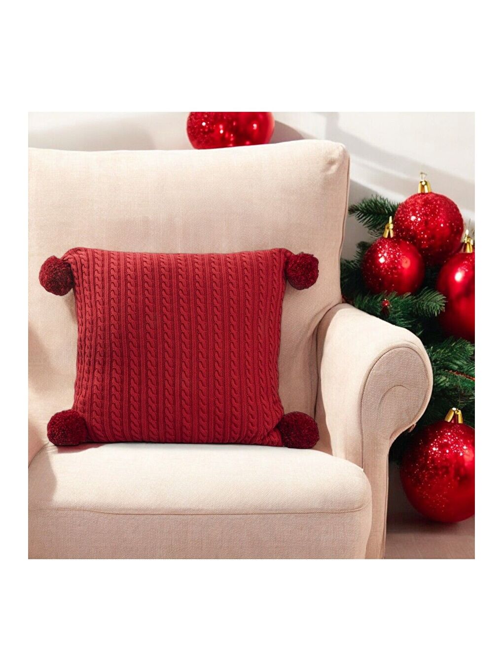 Örgü Model Kırmızı Ponponlu Handmade Dekoratif Kırlent Kılıfı-2