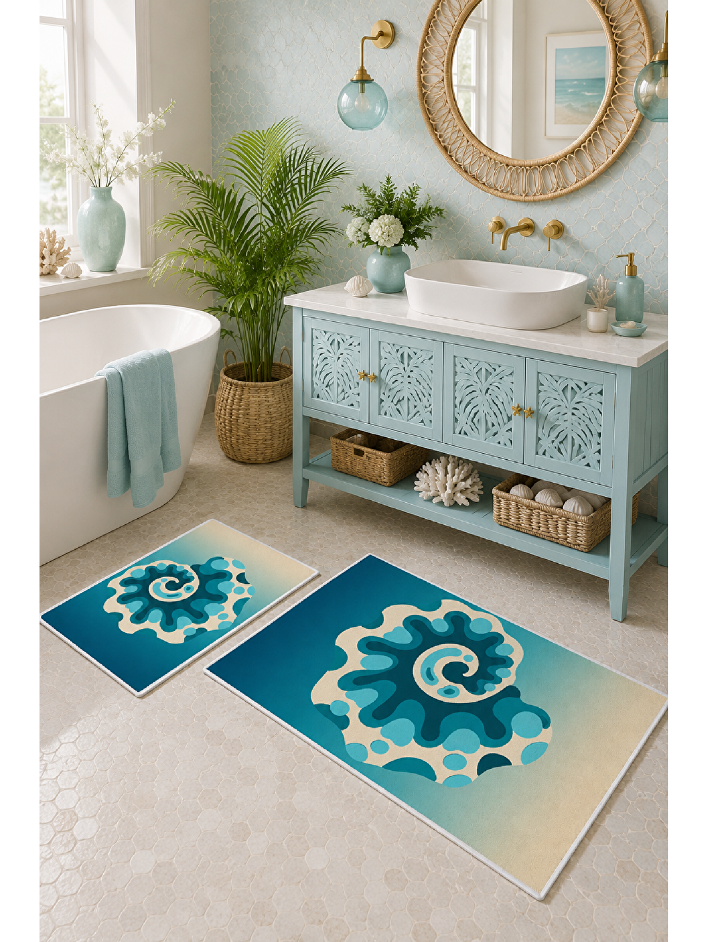Bej Turkuaz Soyut Çiçek Desenli Kaymaz Taban Banyo Paspası 2’li Set-5