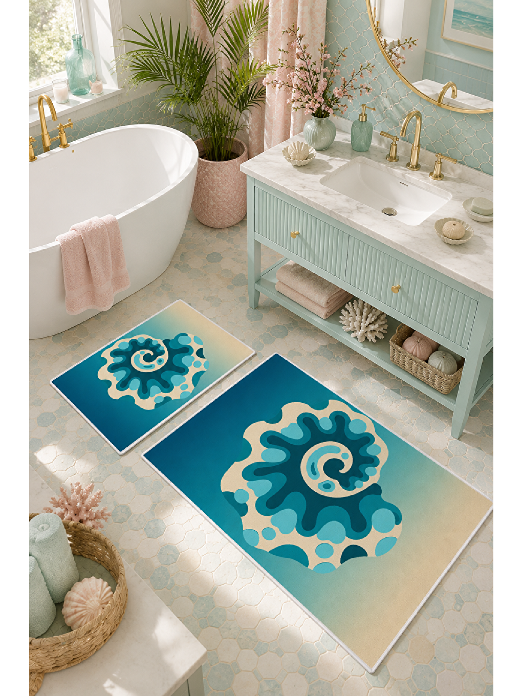 Bej Turkuaz Soyut Çiçek Desenli Kaymaz Taban Banyo Paspası 2’li Set-6
