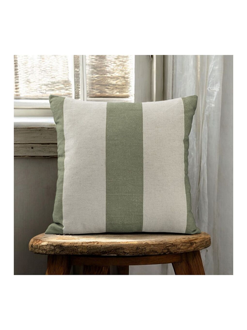 Bej Keten Kumaş Haki Krem Çizgili Dekoratif Kırlent Kılıfı 43x43