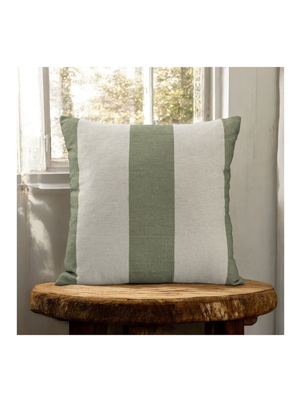 Bej Keten Kumaş Haki Krem Çizgili Dekoratif Kırlent Kılıfı 43x43-1