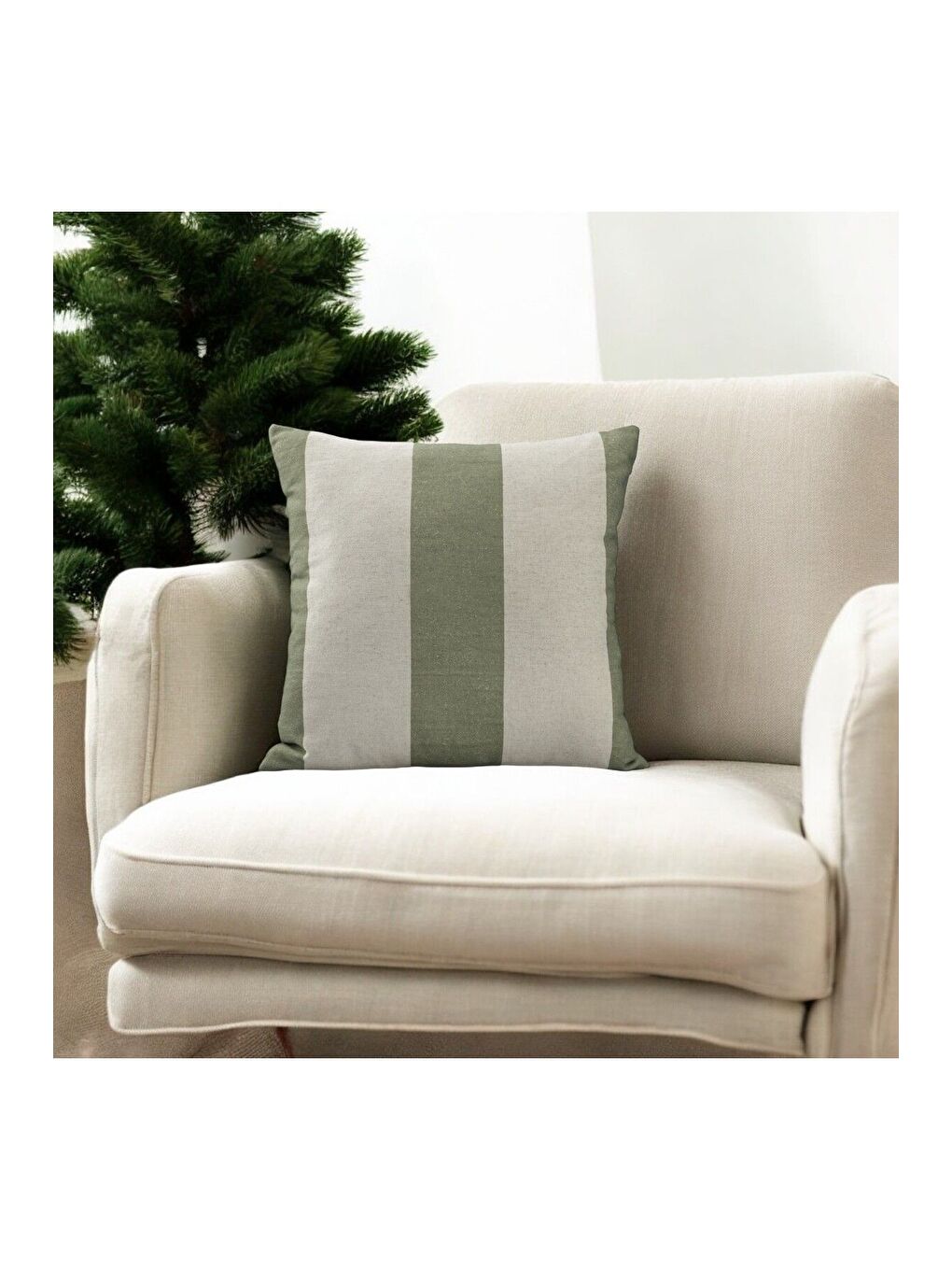 Bej Keten Kumaş Haki Krem Çizgili Dekoratif Kırlent Kılıfı 43x43-2