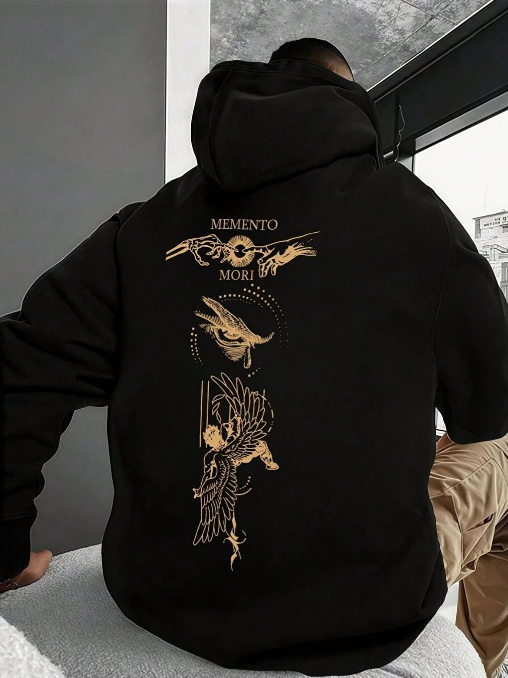 Siyah Memento Baskılı Oversize Kapüşonlu Sweatshirt