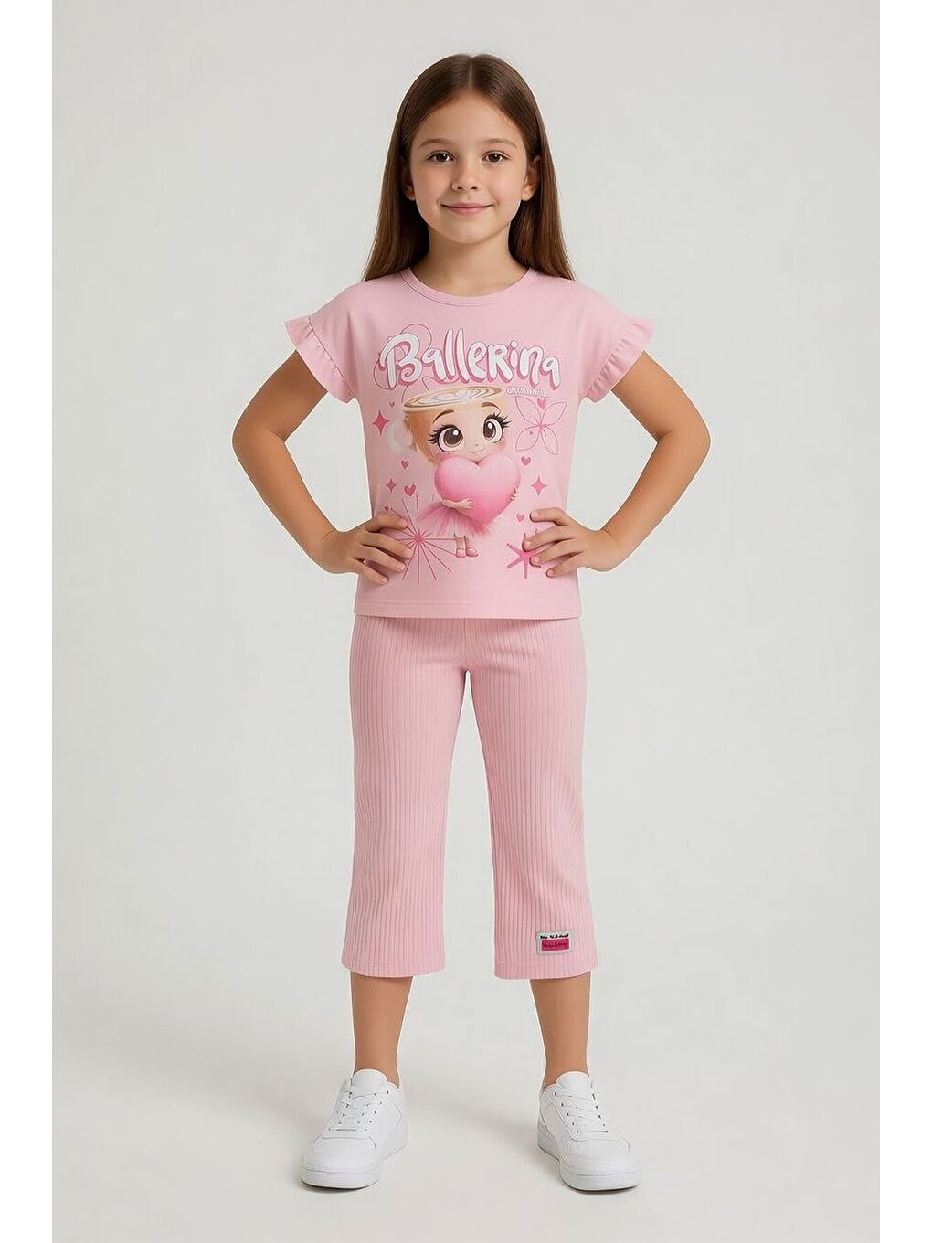 Pembe Pudra Karakter Baskılı Tişörtlü Fitilli Pantolonlu Kız Çocuk 2li Takım 23832