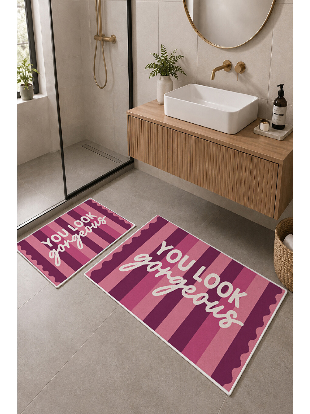 Pembe Bordo You Look So Good Yazılı Banyo Paspası 2’li Set-1