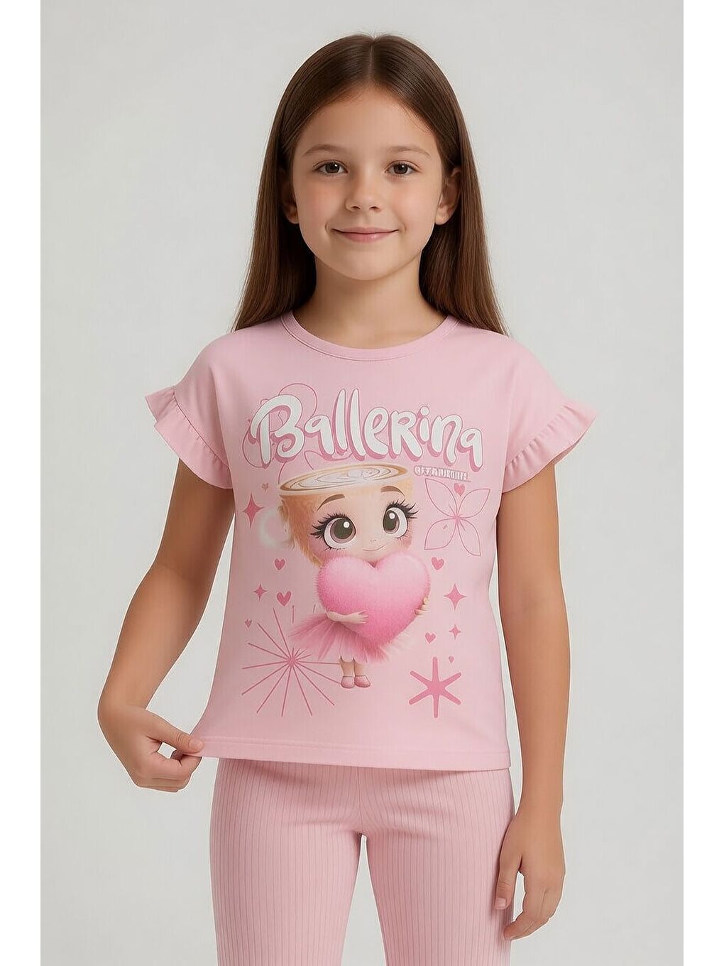 Pembe Pudra Karakter Baskılı Tişörtlü Fitilli Pantolonlu Kız Çocuk 2li Takım 23832-1