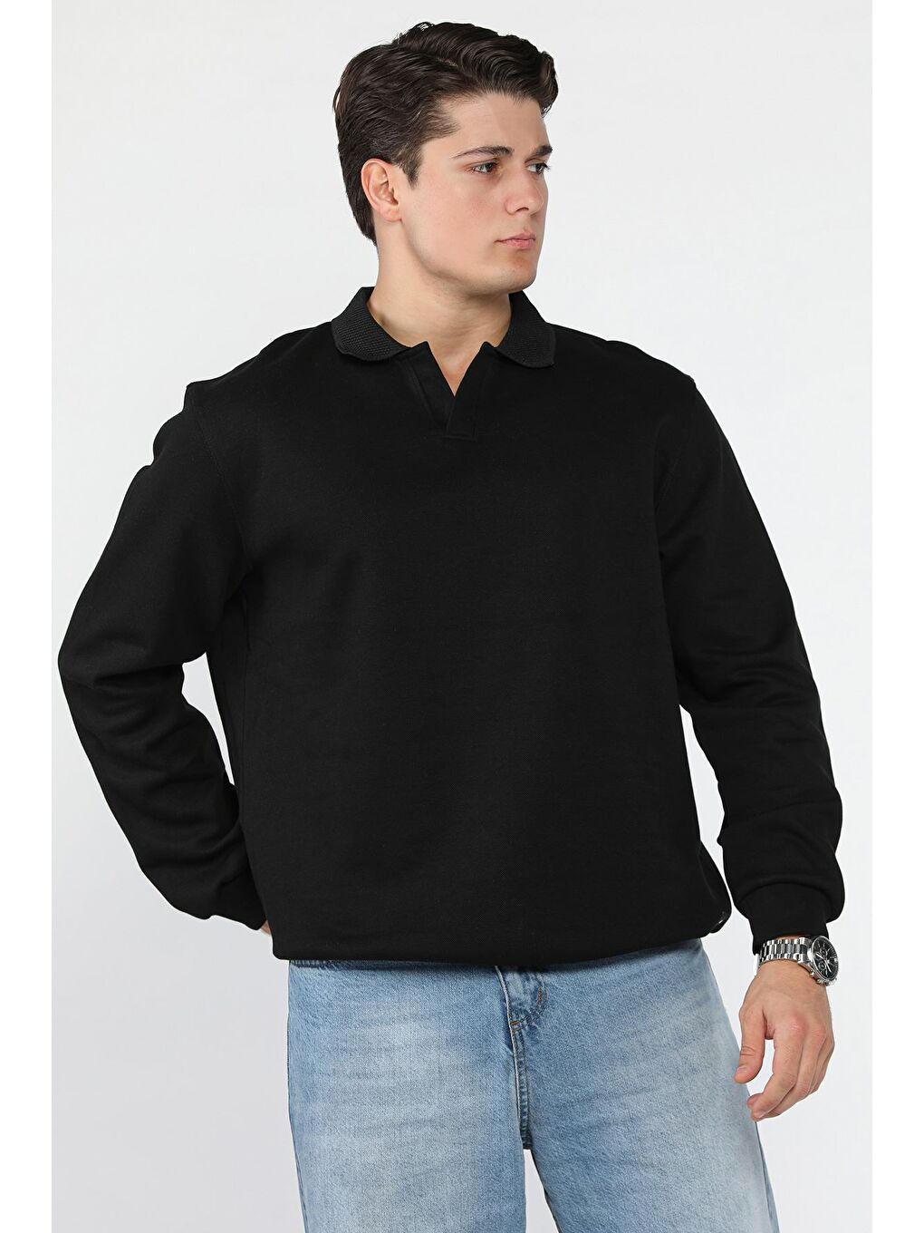 Siyah Erkek Gömlek Yaka Sweatshirt-1