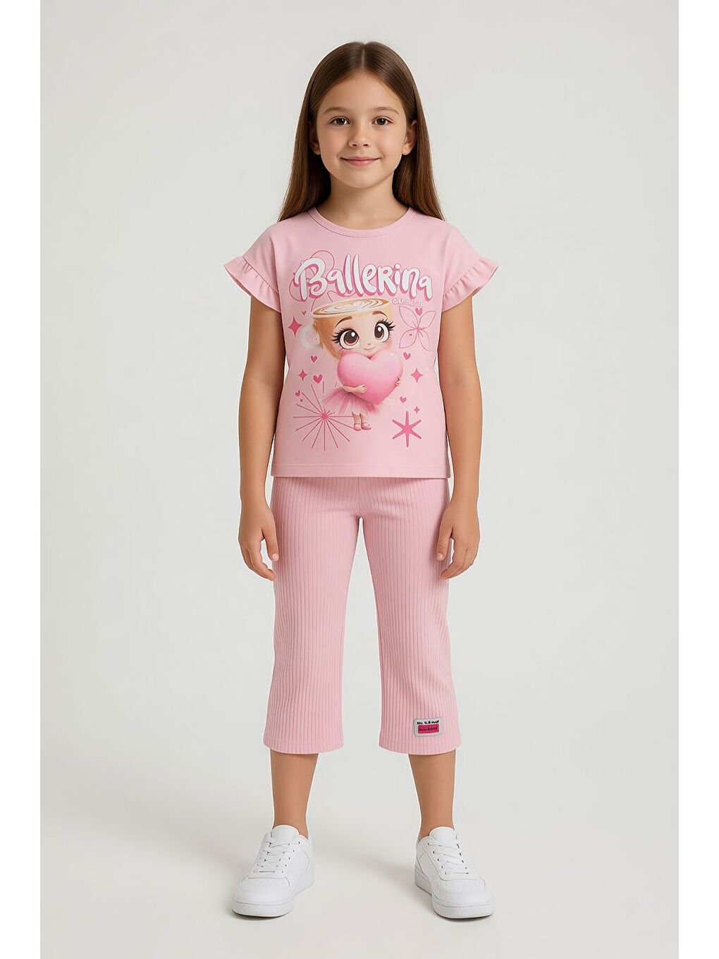 Pembe Pudra Karakter Baskılı Tişörtlü Fitilli Pantolonlu Kız Çocuk 2li Takım 23832-2