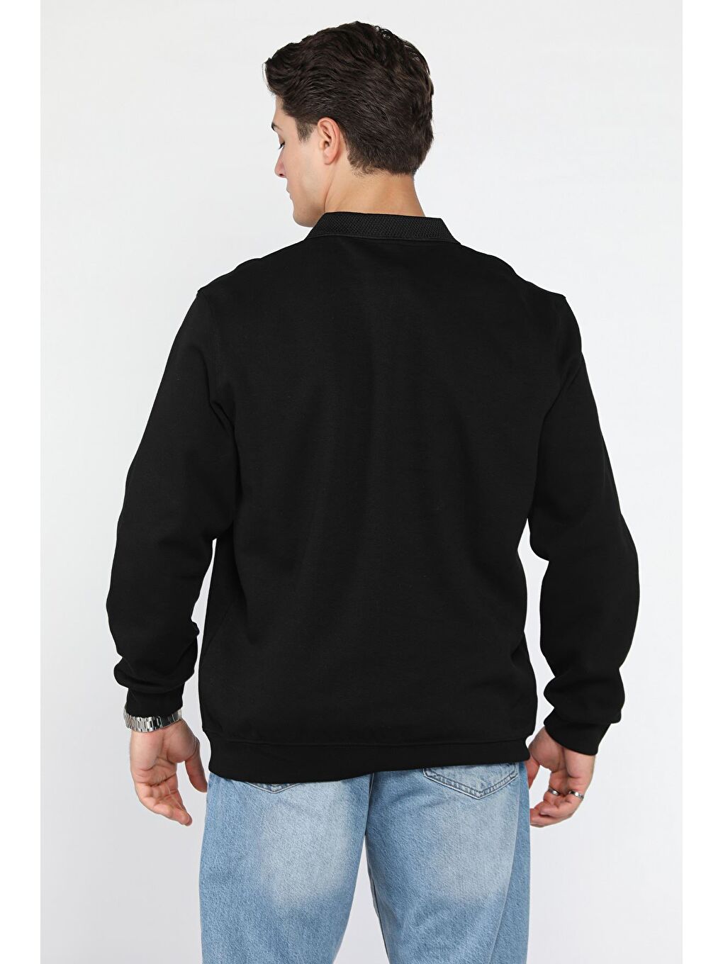Siyah Erkek Gömlek Yaka Sweatshirt-2