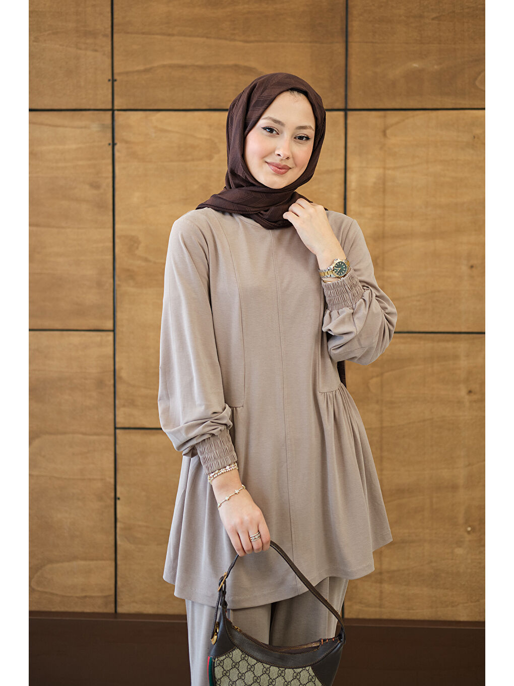 Bej Kadın Önü Çima Ve Büzgü Detay İkili Takım Vizon-1