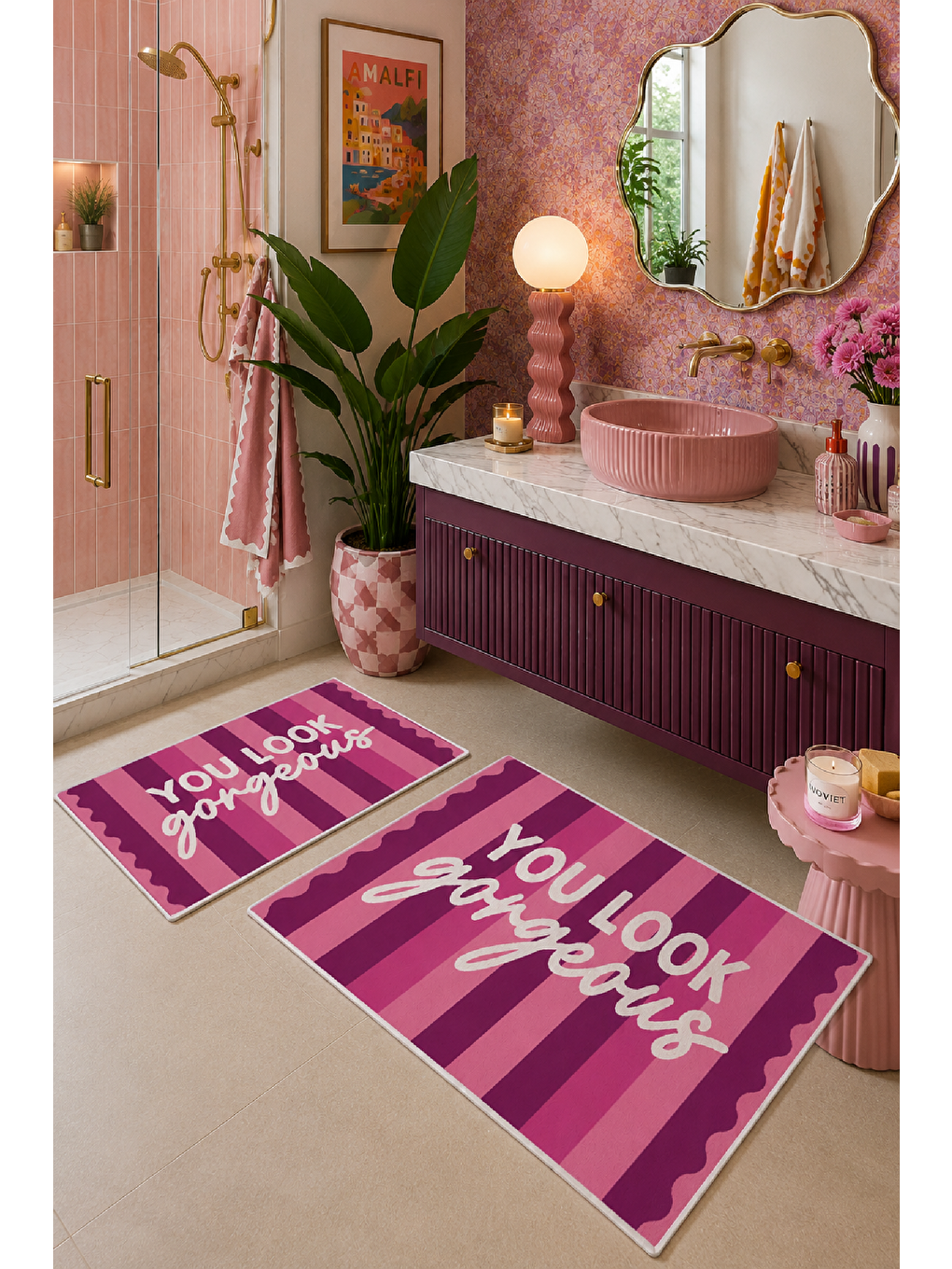 Pembe Bordo You Look So Good Yazılı Banyo Paspası 2’li Set-2