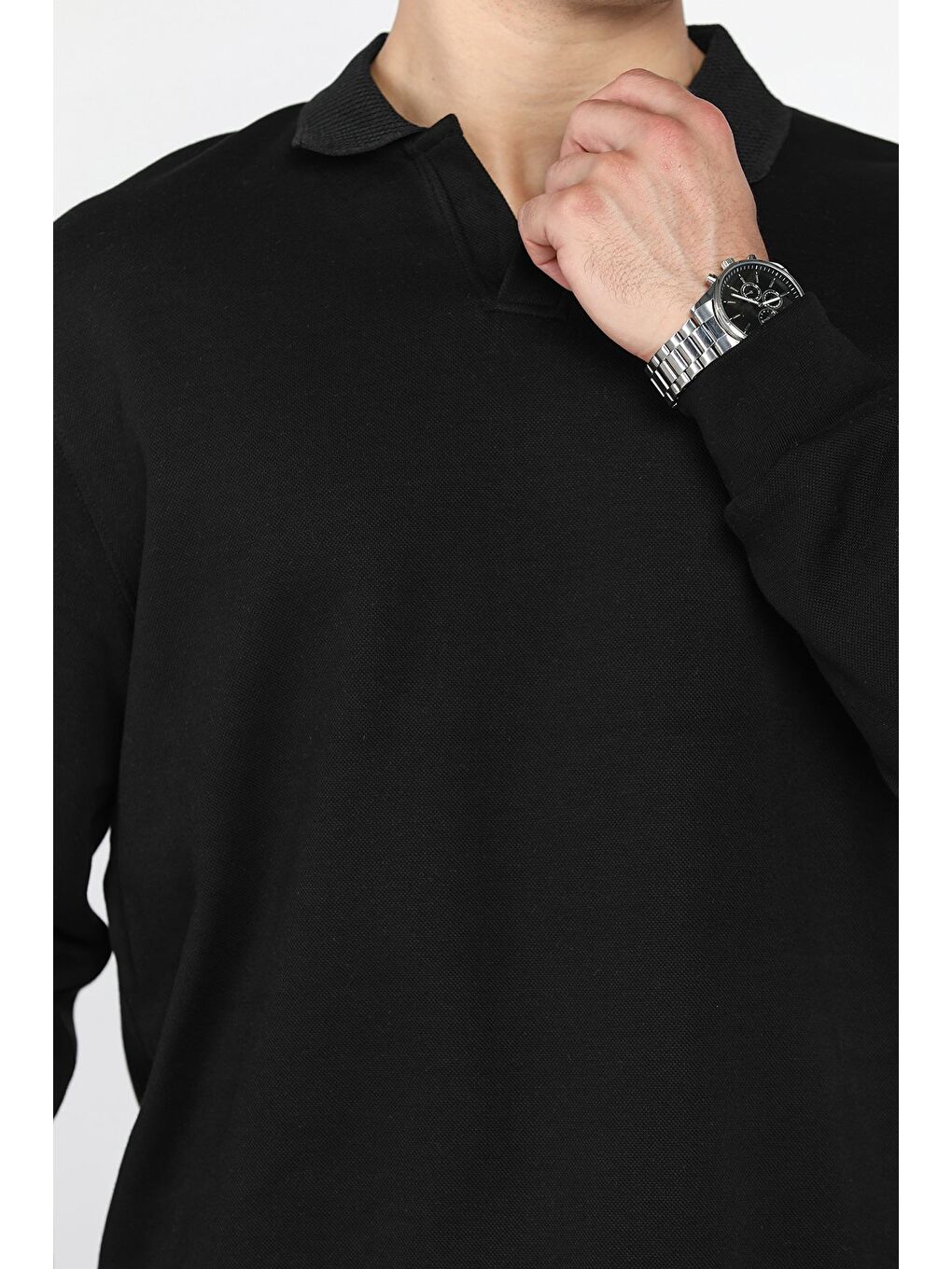 Siyah Erkek Gömlek Yaka Sweatshirt-3