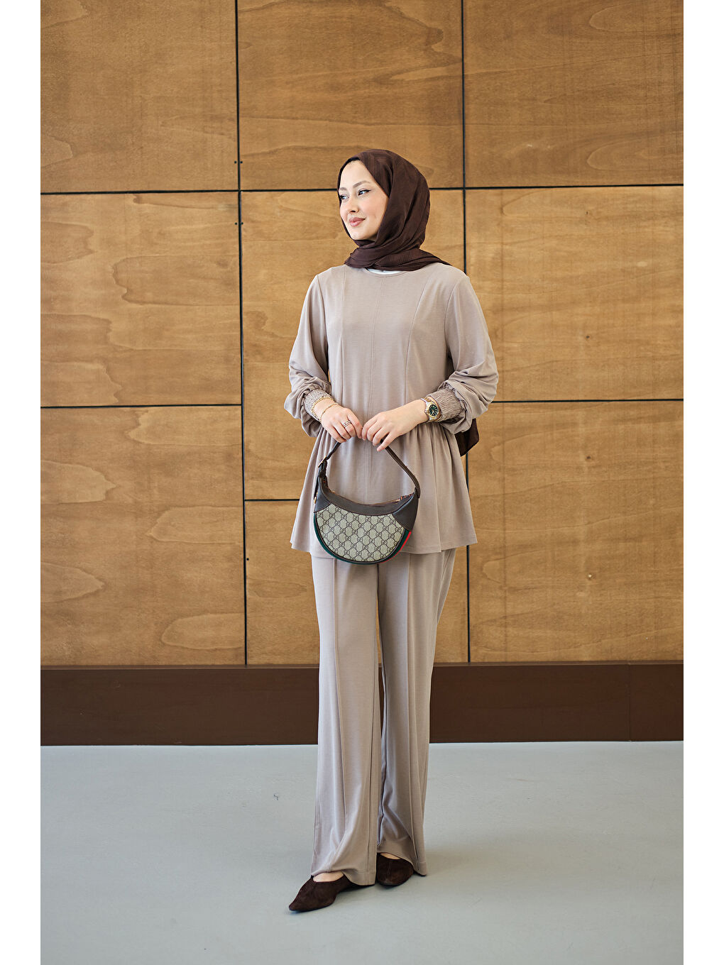 Bej Kadın Önü Çima Ve Büzgü Detay İkili Takım Vizon-2