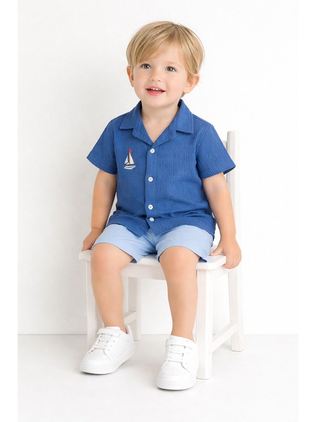 Mavi Gömlek Yelken Desenli Belden Ayarlanabilir Kısa Kollu Şortlu 3'lü Takım-2