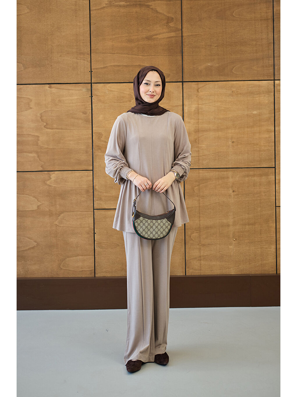 Bej Kadın Önü Çima Ve Büzgü Detay İkili Takım Vizon-4
